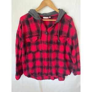Women's Junior SO by Kohls XL Plaid Button Up Shirt with Hood Red/ Gray Flannel